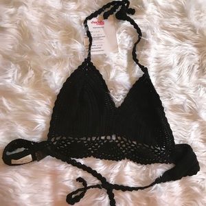 Women’s Longline Crochet Triangle Black Bkini Top